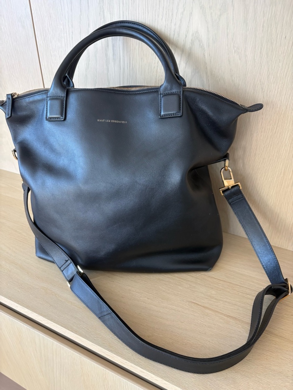 WANT Les Essentiels Black Leather Shopper with Gold Logo